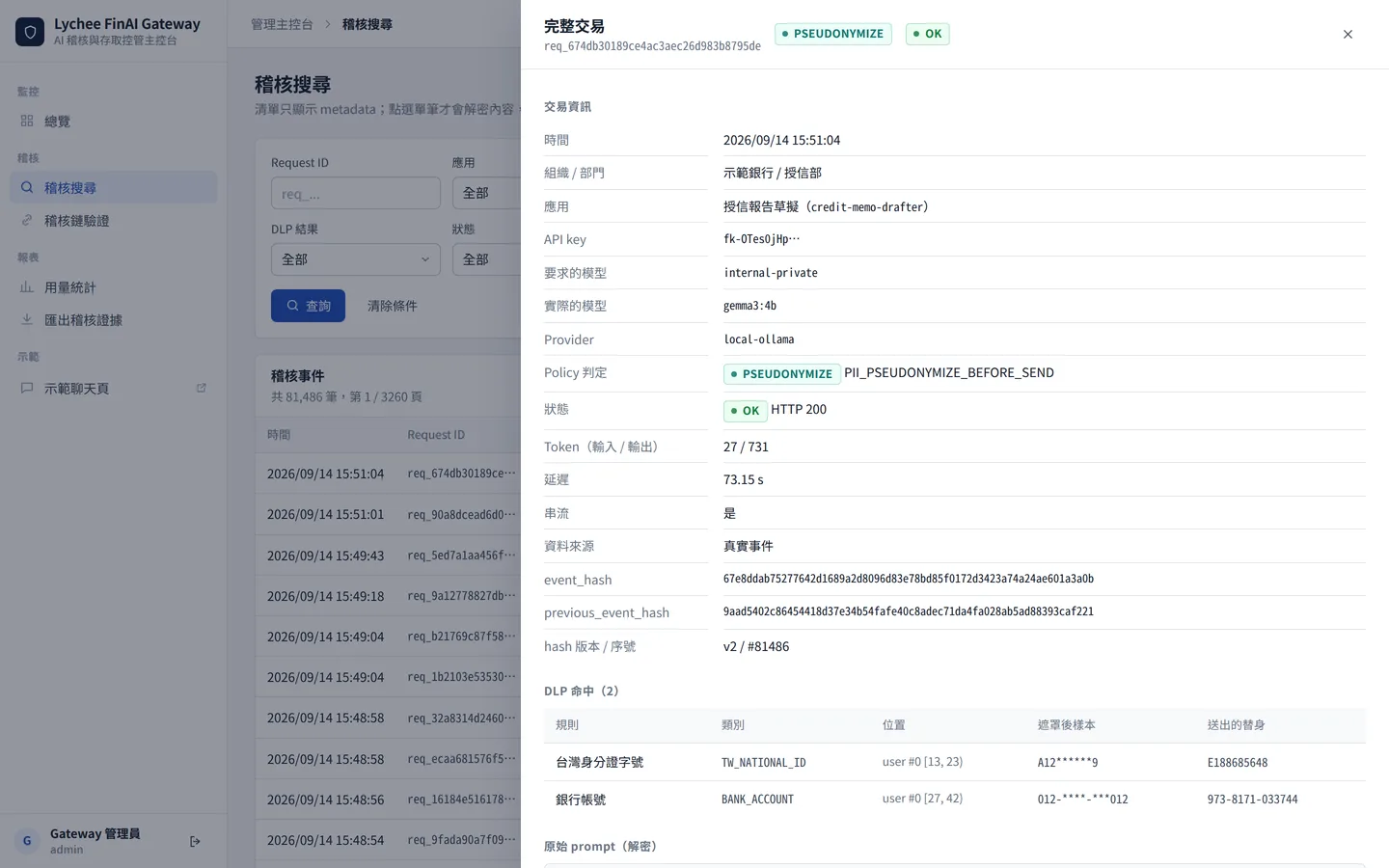 FinAI Gateway 單筆完整交易明細，包含原始與實際送出的 prompt、敏感資料命中項目與事件雜湊
