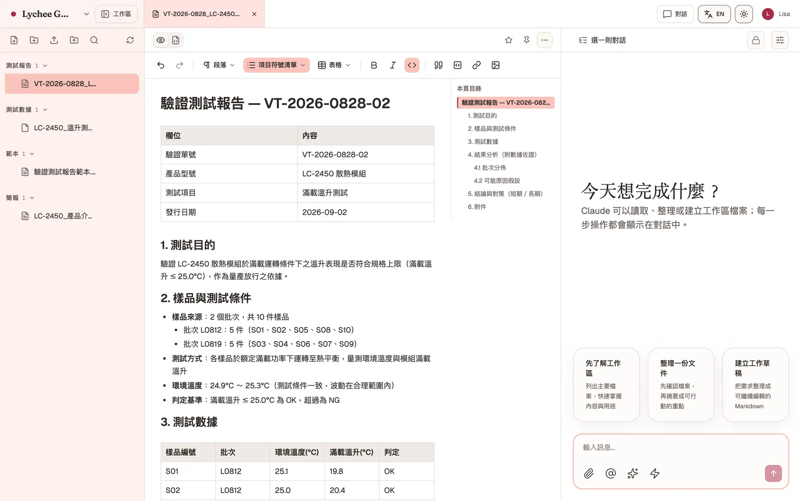 Grove 工作區開啟 AI 產出的驗證測試報告 Markdown 文件：主區為富文字檢視，右側為本頁目錄大綱，內容含欄位表與測試數據表